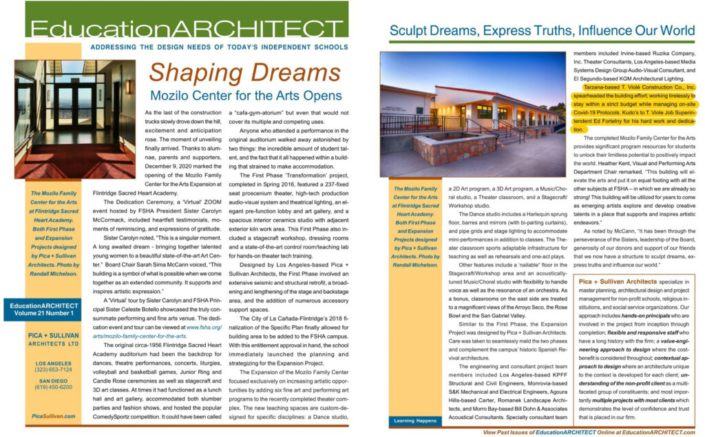 SHAPING DREAMS FLINTRIDGE SACRED HEART ACADEMY MOZILO CENTER FOR THE ARTS OPENS LA CANADA FLINTRIDGE, CA